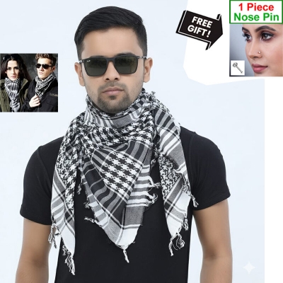 Picture of Premium Soft Cotton Haji Rumal Arab Head Scarf for Men/Women | Classic Black White Check Islamic Prayer Cloth | Comfortable Winter Fabric Hijab Gamcha Pagri Shawl for Hajj & Umrah Use + Free Gift 1 Piece Nose Pin - One size