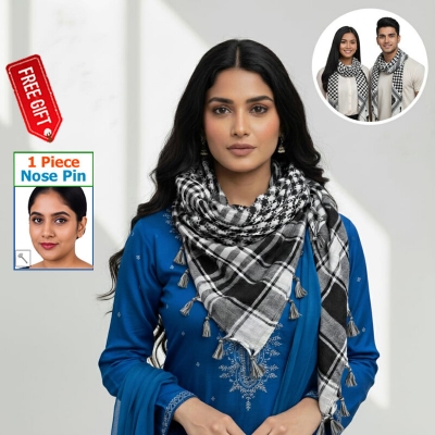 Picture of Premium Soft Cotton Haji Rumal Arab Head Scarf for Men/Women | Classic Black White Check Islamic Prayer Cloth | Comfortable Winter Fabric Hijab Gamcha Pagri Shawl for Hajj & Umrah Use + Free Gift 1 Piece Nose Pin - One size