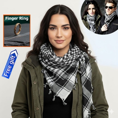 Picture of Premium Soft Cotton Haji Rumal Arab Head Scarf for Men/Women | Classic Black White Check Islamic Prayer Cloth | Comfortable Winter Fabric Hijab Gamcha Pagri Shawl for Hajj & Umrah Use + 1 Piece Finger Ring (Free Gift) - One size