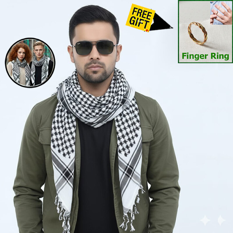 Picture of Premium Soft Cotton Haji Rumal Arab Head Scarf for Men/Women | Classic Black White Check Islamic Prayer Cloth | Comfortable Winter Fabric Hijab Gamcha Pagri Shawl for Hajj & Umrah Use + 1 Piece Finger Ring (Free Gift) - One size