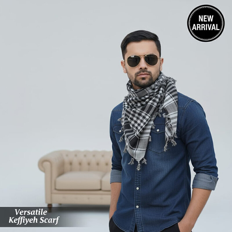 Picture of Premium Soft Cotton Haji Rumal Arab Head Scarf for Men/Women | Classic Black White Check Islamic Prayer Cloth | Comfortable Winter Fabric Hijab Gamcha Pagri Shawl for Hajj & Umrah Use + Free Gift - Mini Pocket Booklet - One size