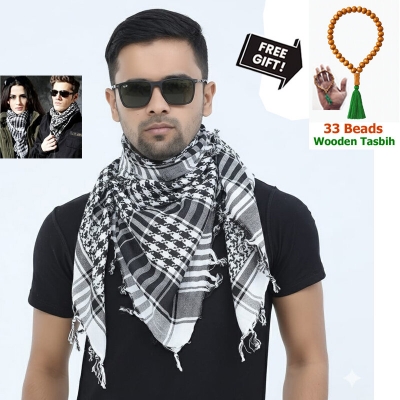 Picture of Premium Soft Cotton Haji Rumal Arab Head Scarf for Men/Women | Classic Black White Check Islamic Prayer Cloth | Comfortable Winter Fabric Hijab Gamcha Pagri Shawl for Hajj & Umrah Use + Free Gift - 33 Beads Wooden Tasbih - One size