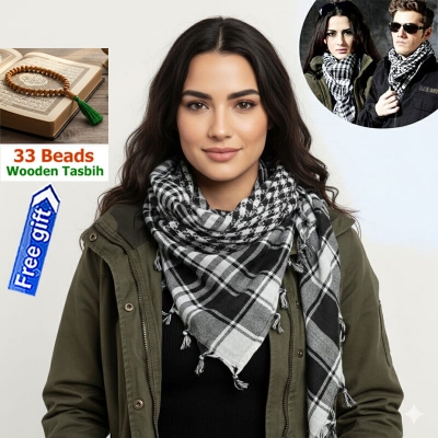 Picture of Premium Soft Cotton Haji Rumal Arab Head Scarf for Men/Women | Classic Black White Check Islamic Prayer Cloth | Comfortable Winter Fabric Hijab Gamcha Pagri Shawl for Hajj & Umrah Use + Free Gift - 33 Beads Wooden Tasbih - One size