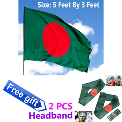 Picture of 5ft x 3ft Bangladesh National Flag  – Soft Fabric Green & Red Potaka for General Use Schools Classroom Decor Offices Home Events Creative Craft Purposes + Free Gift 2 Pieces Headband!