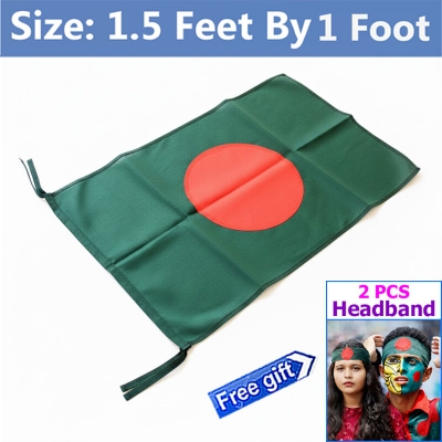 Picture of Premium (1.5 by 1) Feet Bangladesh Flag – Direct Factory Supply Green & Red Color Quality Fabric Potaka for Victory/Independence Day Events Projects Craft Decoration Everyday Patriotic Display + Free Gift - 2  PCS Headband!
