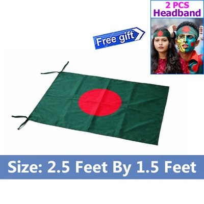 Picture of Premium (2.5 by 1.5) Feet Bangladesh Flag – Green & Red Color Fabric Potaka for Victory/Independence Day Events Projects Craft Decoration Everyday Patriotic Display + Free Gift - 2 Pieces Headband!