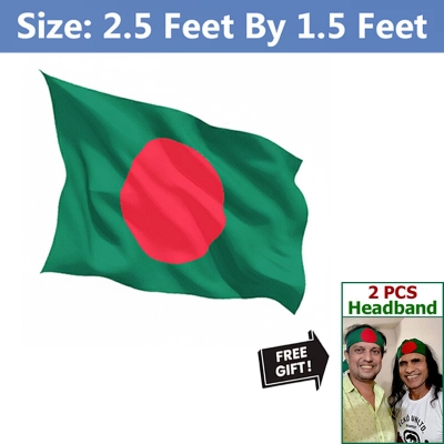 Picture of Premium (2.5 by 1.5) Feet Bangladesh Flag – Green & Red Color Fabric Potaka for Victory/Independence Day Events Projects Craft Decoration Everyday Patriotic Display + Free Gift - 2 Pieces Headband!