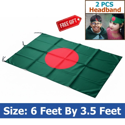 Picture of Premium (6 by 3.5) Feet Bangladesh Flag – Green & Red Color Fabric Potaka for Victory/Independence Day Events Projects Craft Decoration Everyday Patriotic Display + Free Gift - 2 Pieces Headband!