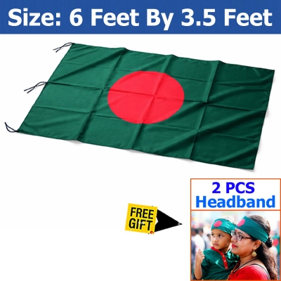 Picture of Premium (6 by 3.5) Feet Bangladesh Flag – Green & Red Color Fabric Potaka for Victory/Independence Day Events Projects Craft Decoration Everyday Patriotic Display + Free Gift - 2 Pieces Headband!