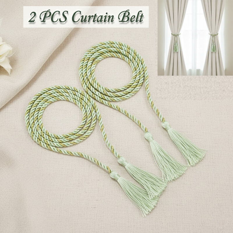 Picture of 2 Pieces Handmade Curtain Belt with Double Head Long Tassel Design Cotton Rope Tieback Set for Door and Window Parda Barrier Use | Modern Interior Home or Office Decoration Craft Accessory – Bean Green Color
