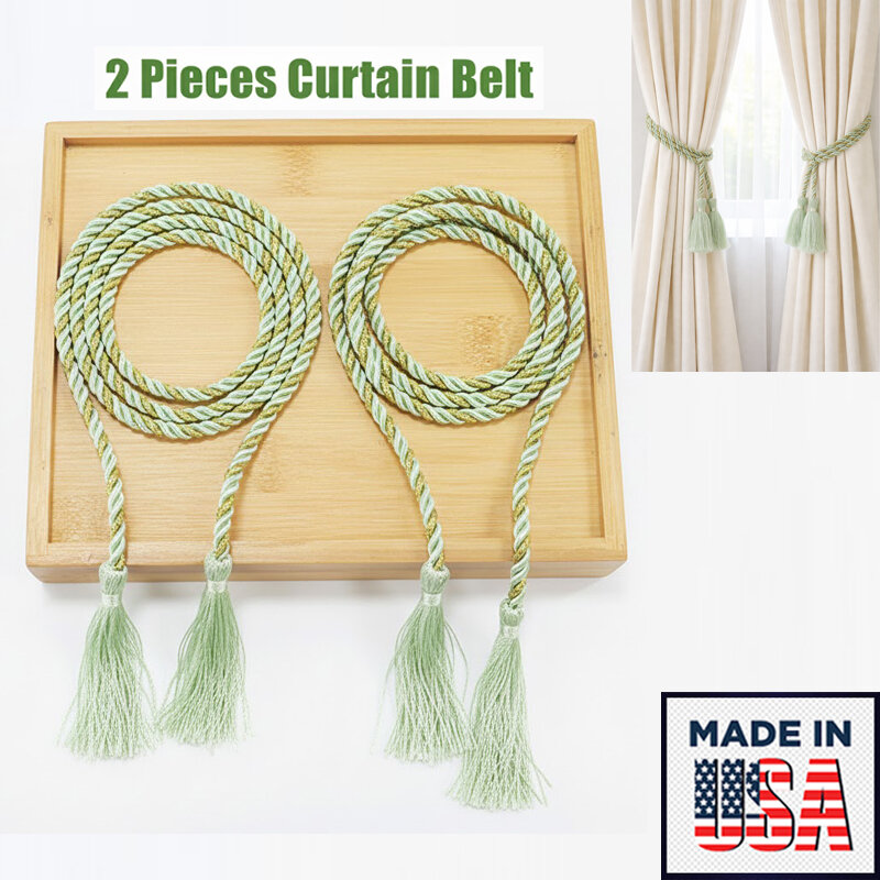 Picture of American 2 Pieces Handmade Curtain Belt with Double Head Long Tassel Design Cotton Rope Tieback Set for Door and Window Parda Barrier Use | Modern Interior Home or Office Decoration Craft Accessory – Bean Green Color