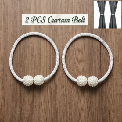 Picture of 2 Pieces Handmade Pearl Buckle Curtain Belt with Double Head Design Cotton Rope Tieback Set for Door and Window Parda Barrier Use | Modern Interior Home or Office Decoration Craft Accessory – White Color