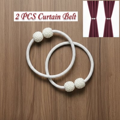 Picture of 2 Pieces Handmade Pearl Buckle Curtain Belt with Double Head Design Cotton Rope Tieback Set for Door and Window Parda Barrier Use | Modern Interior Home or Office Decoration Craft Accessory – White Color