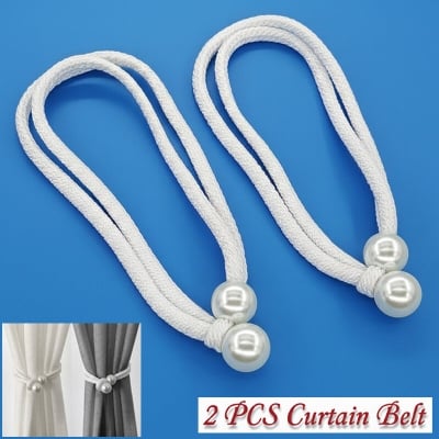 Picture of 2 Pieces Handmade Pearl Curtain Belt with Double Head Design Cotton Rope Tieback Set for Door and Window Parda Barrier Use | Modern Interior Home or Office Decoration Craft Accessory – White Color