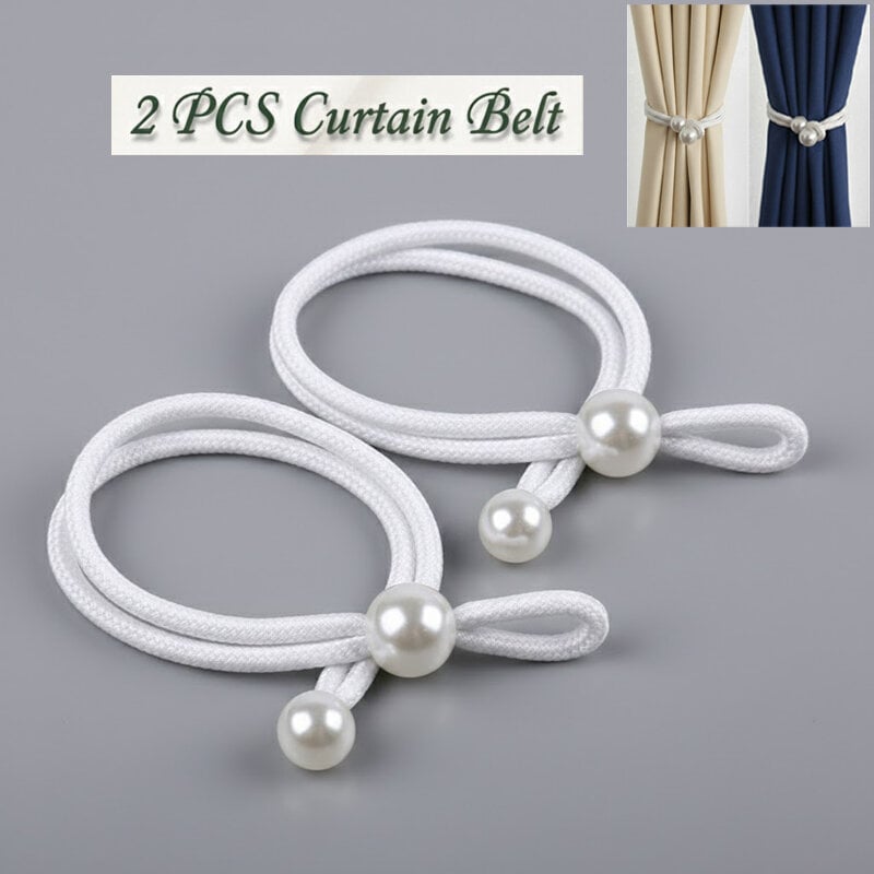 Picture of 2 Pieces Handmade Pearl Curtain Belt with Double Head Design Cotton Rope Tieback Set for Door and Window Parda Barrier Use | Modern Interior Home or Office Decoration Craft Accessory – White Color