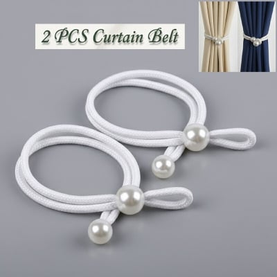 Picture of 2 Pieces Handmade Pearl Curtain Belt with Double Head Design Cotton Rope Tieback Set for Door and Window Parda Barrier Use | Modern Interior Home or Office Decoration Craft Accessory – White Color