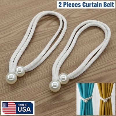 Picture of American 2 Pieces Handmade Pearl Curtain Belt with Double Head Design Cotton Rope Tieback Set for Door and Window Parda Barrier Use | Modern Interior Home or Office Decoration Craft Accessory – White Color
