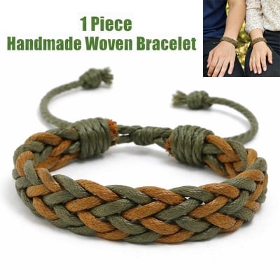 Picture of Handmade Woven Couple Bracelet With Adjustable Cotton Rope Friendship Jewelry Bracelat | Birthday Wedding Engagement Bridal Party Souvenir Ideal Gift for Men Women – Green Light Brown Color (M)