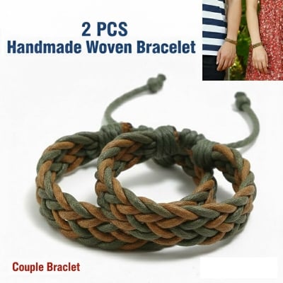 Picture of 2 Pieces Homemade Woven Couple Bracelet With Adjustable Cotton Rope Friendship Jewelry Bangles | Birthday Wedding Engagement Bridal Party Souvenir Ideal Gift for Men Women – Green Light Brown Color (M)