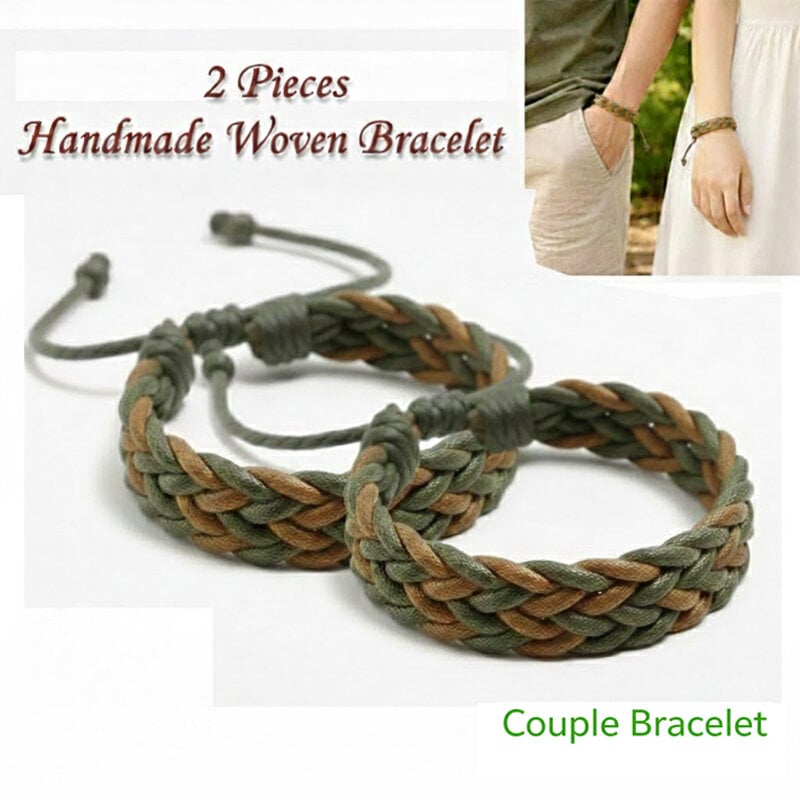 Picture of 2 Pieces Homemade Woven Couple Bracelet With Adjustable Cotton Rope Friendship Jewelry Bangles | Birthday Wedding Engagement Bridal Party Souvenir Ideal Gift for Men Women – Green Light Brown Color (M)