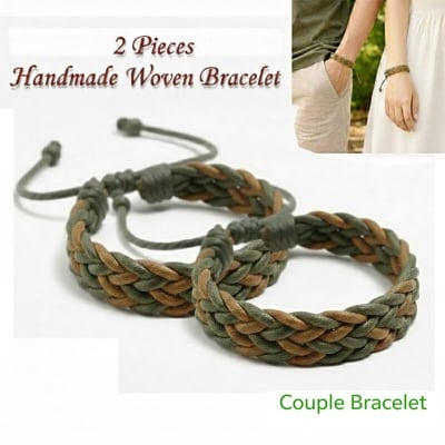 Picture of 2 Pieces Homemade Woven Couple Bracelet With Adjustable Cotton Rope Friendship Jewelry Bangles | Birthday Wedding Engagement Bridal Party Souvenir Ideal Gift for Men Women – Green Light Brown Color (M)
