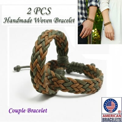 Picture of American 2 PCS Handmade Woven Couple Bracelet With Adjustable Cotton Rope Friendship Jewelry Braclet | Birthday Wedding Engagement Bridal Party Souvenir Ideal Gift for Men Women – Green Light Brown Color (M)