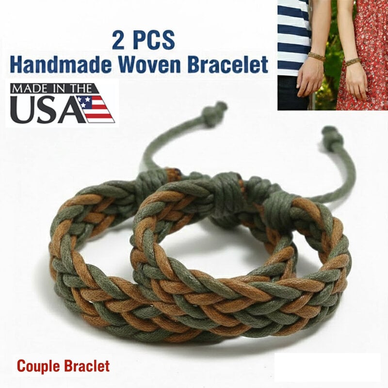 Picture of American 2 PCS Handmade Woven Couple Bracelet With Adjustable Cotton Rope Friendship Jewelry Braclet | Birthday Wedding Engagement Bridal Party Souvenir Ideal Gift for Men Women – Green Light Brown Color (M)