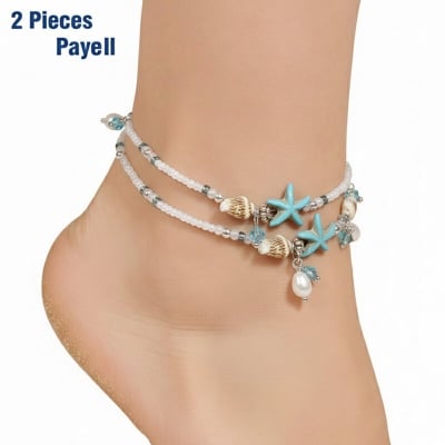 Picture of 2 Pieces Popular Pearl Starfish Payel With Beach Inspired Autumn Retro Design Temple Chain Anklet Pendant Foot Ornament Jewelry | Birthday Wedding Engagement Bridal Party Marriage Anniversary Ideal Gift for Modern Women – Multicolor