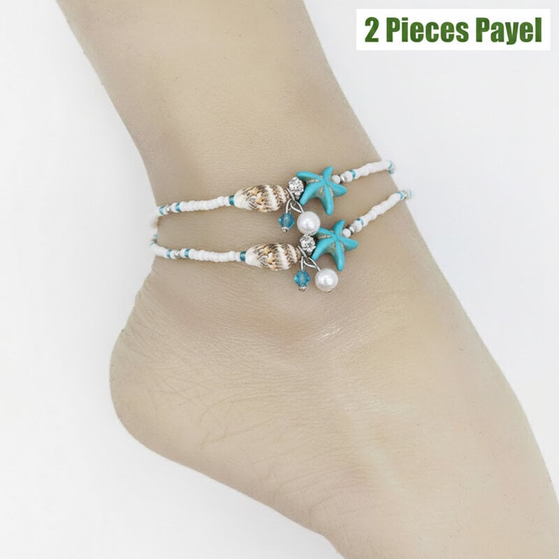 Picture of 2 Pieces Popular Pearl Starfish Payel With Beach Inspired Autumn Retro Design Temple Chain Anklet Pendant Foot Ornament Jewelry | Birthday Wedding Engagement Bridal Party Marriage Anniversary Ideal Gift for Modern Women – Multicolor