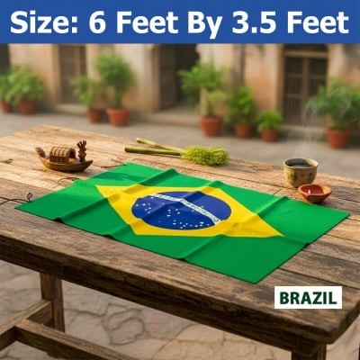Picture of (6 by 3.5) Feet Brazil Flag For Football World Cup Premium Fabric High Quality Print National Flag Of Brasil For Home Roof Car Balcony Wall Decoration Item Football Tournament Celebration Supporter Accessories Matches Cheer Up