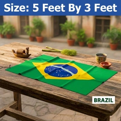 Picture of (5 by 3) Feet Brazil Flag For Football World Cup Premium Fabric High Quality Print National Flag Of Brasil For Home Roof Car Balcony Wall Decoration Item Football Tournament Celebration Supporter Accessories Matches Cheer Up