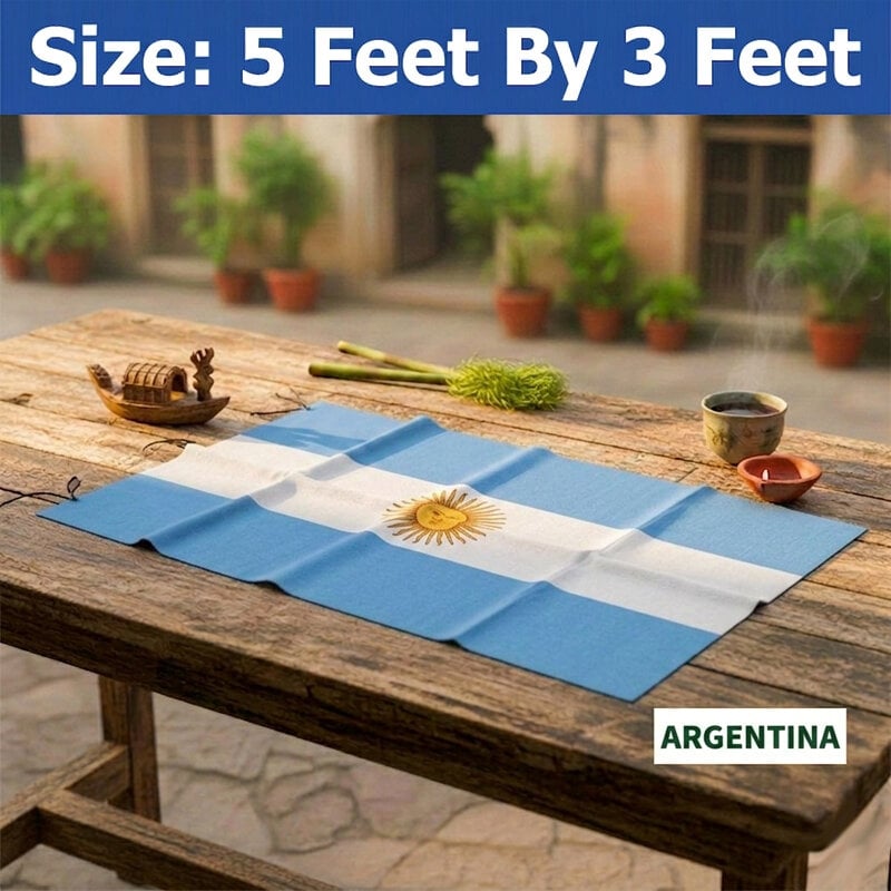 Picture of (5 by 3) Feet Argentina National Flag Premium Cotton Fabric Decorative Hanging Banner Suitable Football Fans Indoor Outdoor Celebration Display Accessories Sky Blue White Color