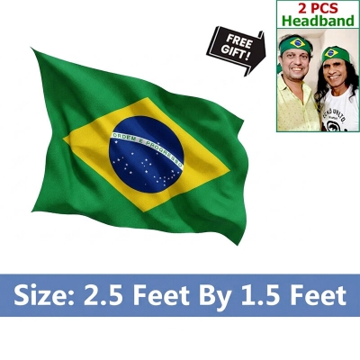 Picture of 2.5 ft x 1.5 ft Brazil National Flag For Football World Cup Premium Fabric, Quality Print Flag Of Brasil For Home Roof Car Balcony Wall Decoration Football Tournament Celebration Supporter Accessories Matches Cheer Up + Free Gift 2 Pieces Headband!