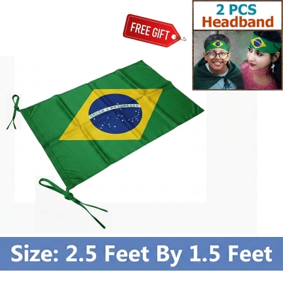 Picture of 2.5 ft x 1.5 ft Brazil National Flag For Football World Cup Premium Fabric, Quality Print Flag Of Brasil For Home Roof Car Balcony Wall Decoration Football Tournament Celebration Supporter Accessories Matches Cheer Up + Free Gift 2 Pieces Headband!