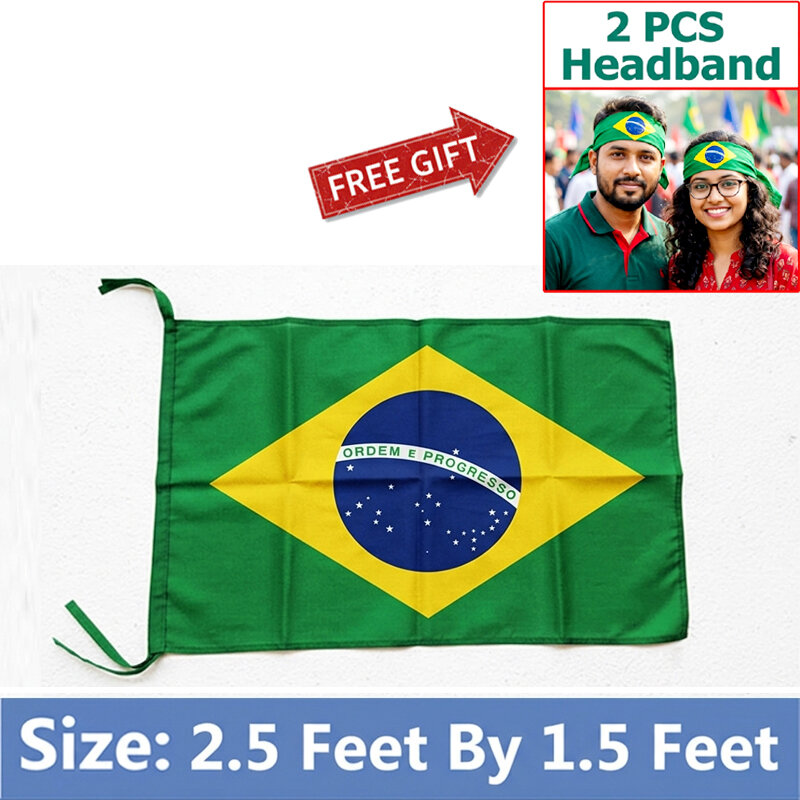 Picture of 2.5 ft x 1.5 ft Brazil National Flag For Football World Cup Premium Fabric, Quality Print Flag Of Brasil For Home Roof Car Balcony Wall Decoration Football Tournament Celebration Supporter Accessories Matches Cheer Up + Free Gift 2 Pieces Headband!
