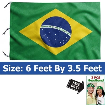 Picture of 6 ft x 3.5 ft Brazil National Flag For Football World Cup Premium Fabric, Quality Print Flag Of Brasil For Home Roof Car Balcony Wall Decoration Football Tournament Celebration Supporter Accessories Matches Cheer Up + Free Gift 2 Pieces Headband!