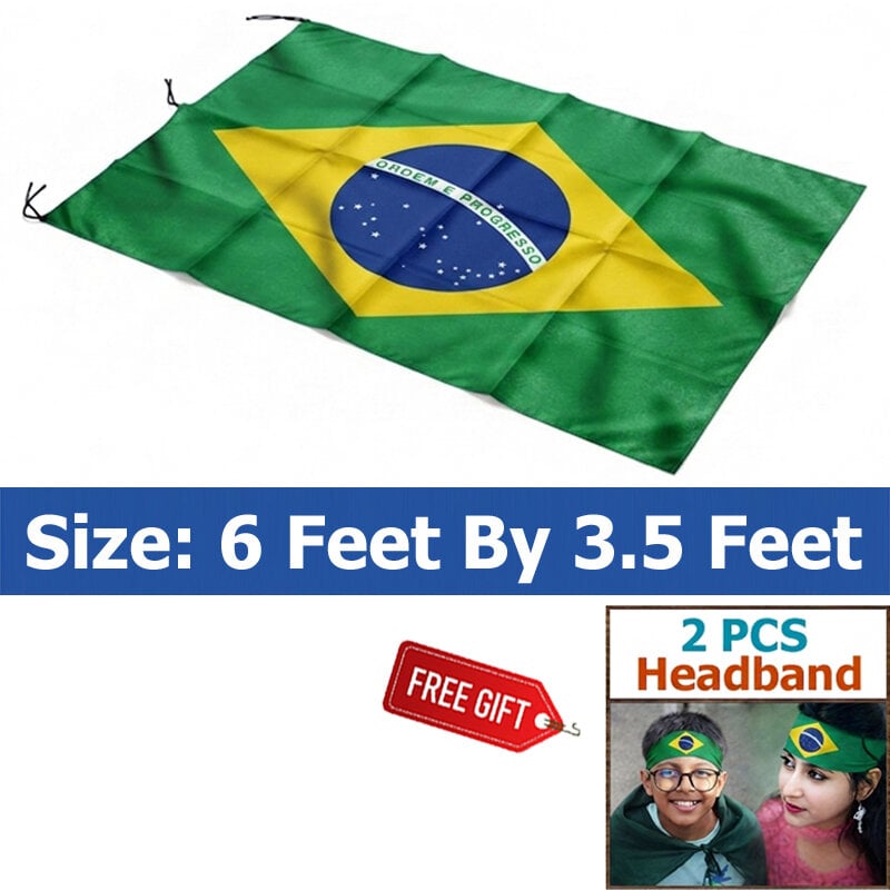 Picture of 6 ft x 3.5 ft Brazil National Flag For Football World Cup Premium Fabric, Quality Print Flag Of Brasil For Home Roof Car Balcony Wall Decoration Football Tournament Celebration Supporter Accessories Matches Cheer Up + Free Gift 2 Pieces Headband!