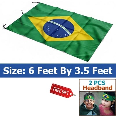 Picture of 6 ft x 3.5 ft Brazil National Flag For Football World Cup Premium Fabric, Quality Print Flag Of Brasil For Home Roof Car Balcony Wall Decoration Football Tournament Celebration Supporter Accessories Matches Cheer Up + Free Gift 2 Pieces Headband!