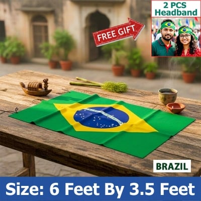 Picture of 6 ft x 3.5 ft Brazil National Flag For Football World Cup Premium Fabric, Quality Print Flag Of Brasil For Home Roof Car Balcony Wall Decoration Football Tournament Celebration Supporter Accessories Matches Cheer Up + Free Gift 2 Pieces Headband!