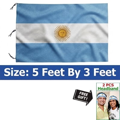 Picture of 5 ft x 3 ft Argentina National Flag Premium Cotton Fabric Decorative Hanging Banner Suitable Football Fans Indoor Outdoor Celebration Display Accessories Sky Blue White Color + Free Gift 2 Pieces Headband!