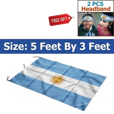Picture of 5 ft x 3 ft Argentina National Flag Premium Cotton Fabric Decorative Hanging Banner Suitable Football Fans Indoor Outdoor Celebration Display Accessories Sky Blue White Color + Free Gift 2 Pieces Headband!