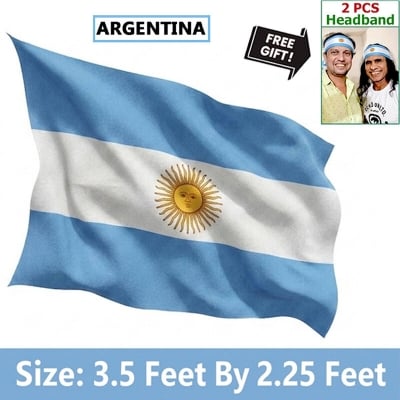 Picture of 3.5 ft x 2.25 ft Argentina National Flag Premium Cotton Fabric Decorative Hanging Banner Suitable Football Fans Indoor Outdoor Celebration Display Accessories Sky Blue White Color + Free Gift 2 Pieces Headband!