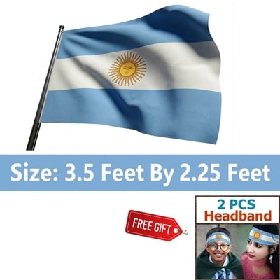 Picture of 3.5 ft x 2.25 ft Argentina National Flag Premium Cotton Fabric Decorative Hanging Banner Suitable Football Fans Indoor Outdoor Celebration Display Accessories Sky Blue White Color + Free Gift 2 Pieces Headband!