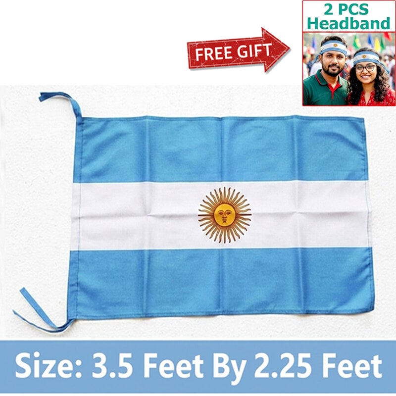 Picture of 3.5 ft x 2.25 ft Argentina National Flag Premium Cotton Fabric Decorative Hanging Banner Suitable Football Fans Indoor Outdoor Celebration Display Accessories Sky Blue White Color + Free Gift 2 Pieces Headband!