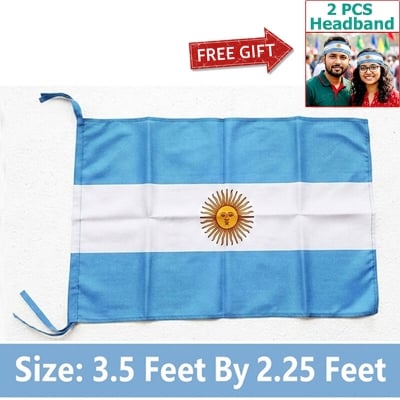 Picture of 3.5 ft x 2.25 ft Argentina National Flag Premium Cotton Fabric Decorative Hanging Banner Suitable Football Fans Indoor Outdoor Celebration Display Accessories Sky Blue White Color + Free Gift 2 Pieces Headband!