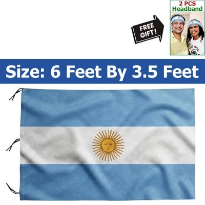 Picture of 6 ft x 3.5 ft Argentina National Flag Premium Cotton Fabric Decorative Hanging Banner Suitable Football Fans Indoor Outdoor Celebration Display Accessories Sky Blue White Color + Free Gift 2 Pieces Headband!