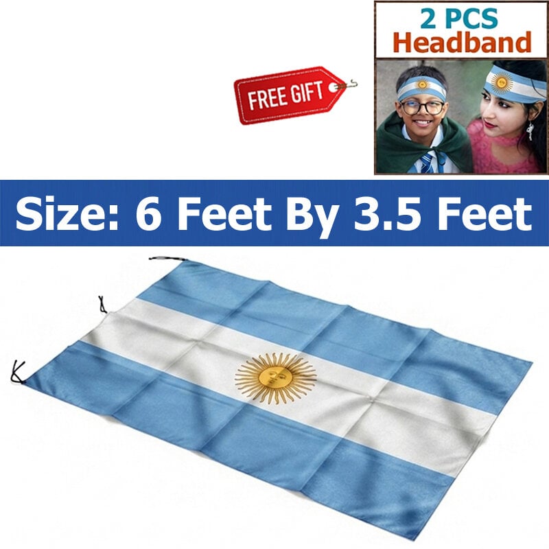 Picture of 6 ft x 3.5 ft Argentina National Flag Premium Cotton Fabric Decorative Hanging Banner Suitable Football Fans Indoor Outdoor Celebration Display Accessories Sky Blue White Color + Free Gift 2 Pieces Headband!