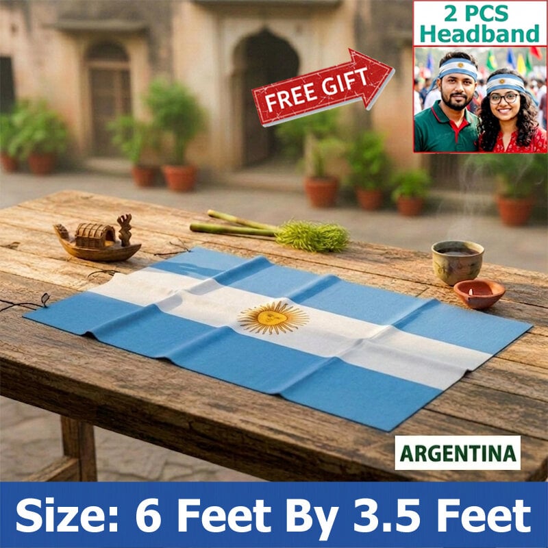 Picture of 6 ft x 3.5 ft Argentina National Flag Premium Cotton Fabric Decorative Hanging Banner Suitable Football Fans Indoor Outdoor Celebration Display Accessories Sky Blue White Color + Free Gift 2 Pieces Headband!