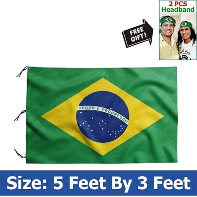 Picture of 5 ft x 3 ft Brazil National Flag For Football World Cup Premium Fabric, Quality Print Flag Of Brasil For Home Roof Car Balcony Wall Decoration Football Tournament Celebration Supporter Accessories Matches Cheer Up + Free Gift 2 Pieces Headband!