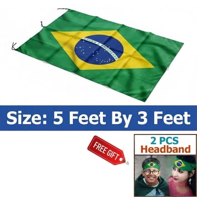Picture of 5 ft x 3 ft Brazil National Flag For Football World Cup Premium Fabric, Quality Print Flag Of Brasil For Home Roof Car Balcony Wall Decoration Football Tournament Celebration Supporter Accessories Matches Cheer Up + Free Gift 2 Pieces Headband!